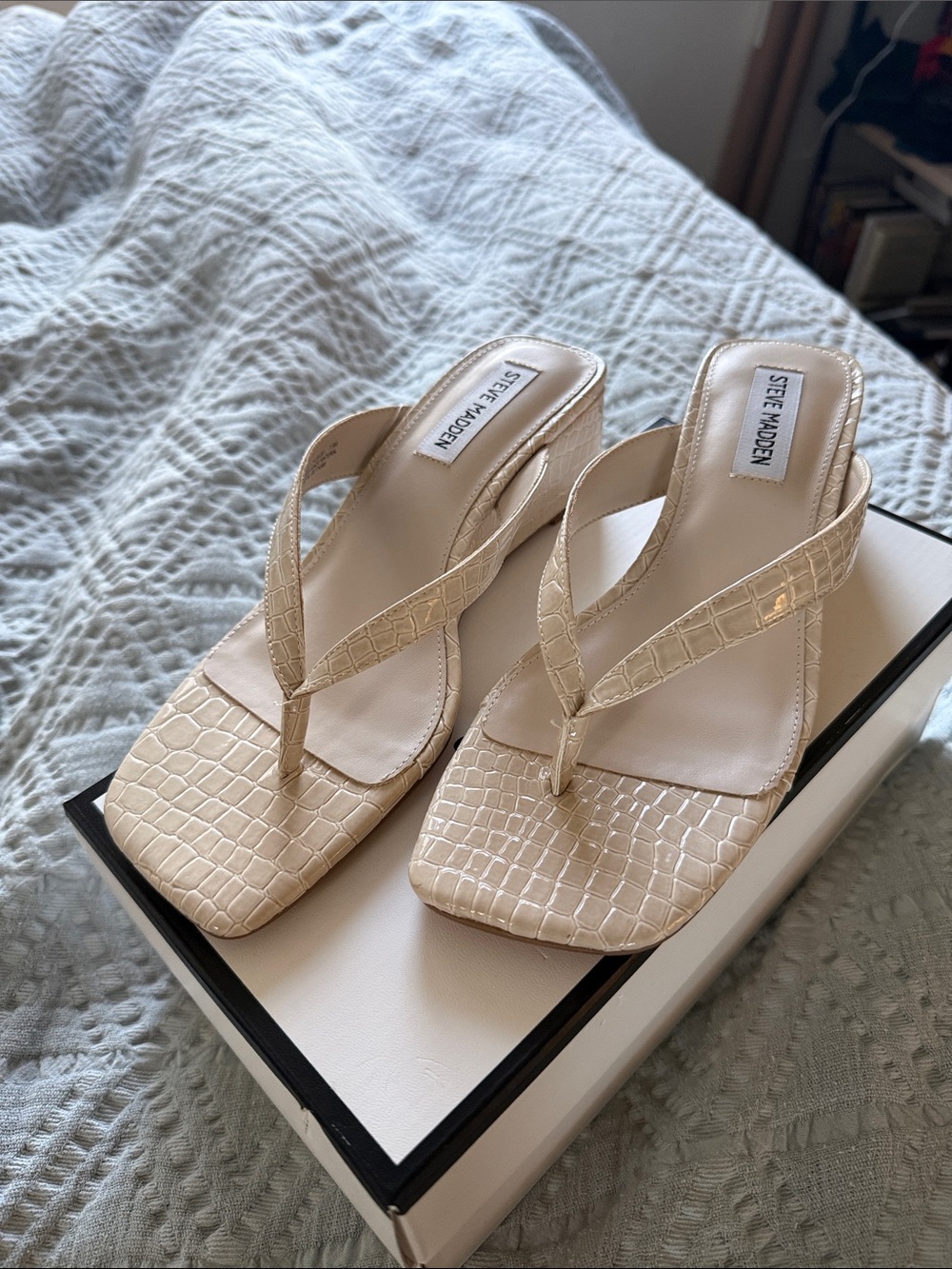 Steve Madden Cream Croc-Textured Thong Heels